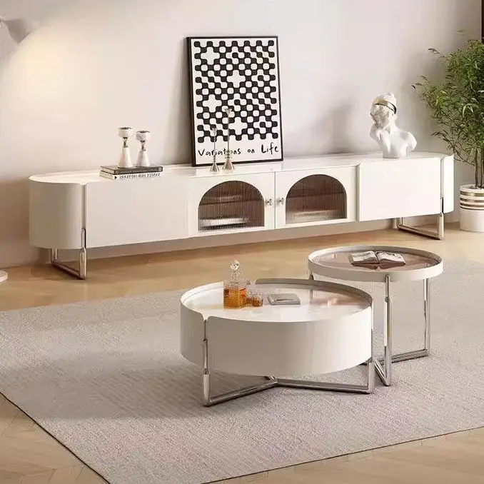 Modern Cream Minimalist TV Cabinet Light Luxury Rock Board Storage Combination for Small Living Room Apartment Made Wood-Coffee — image 3