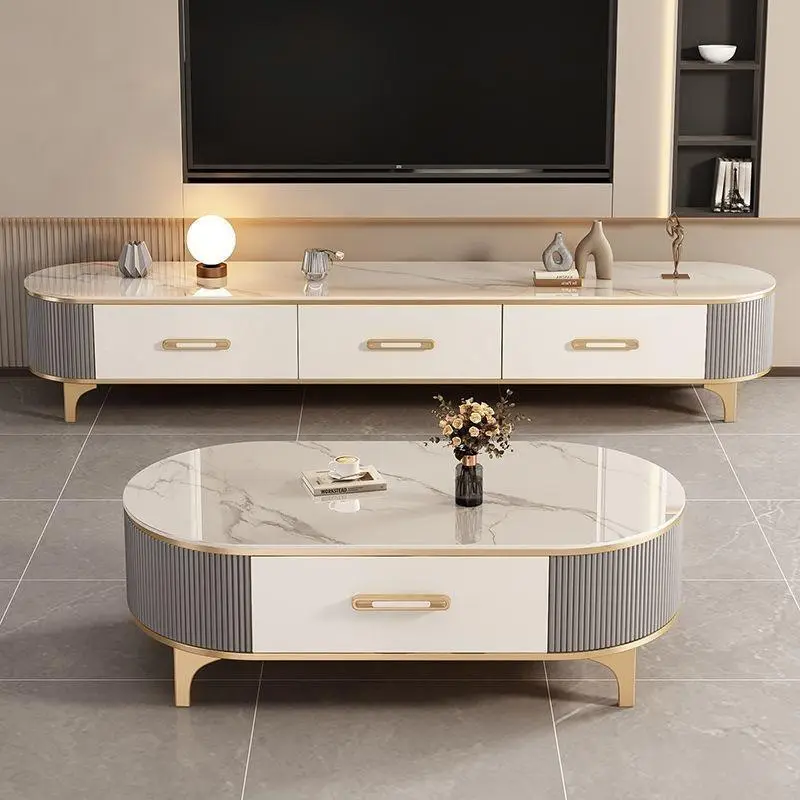 Modern Luxury Rock Board TV Stand and Coffee Table Simple Elegant Wooden Design for Small Home Living Room for Apartment — view 1
