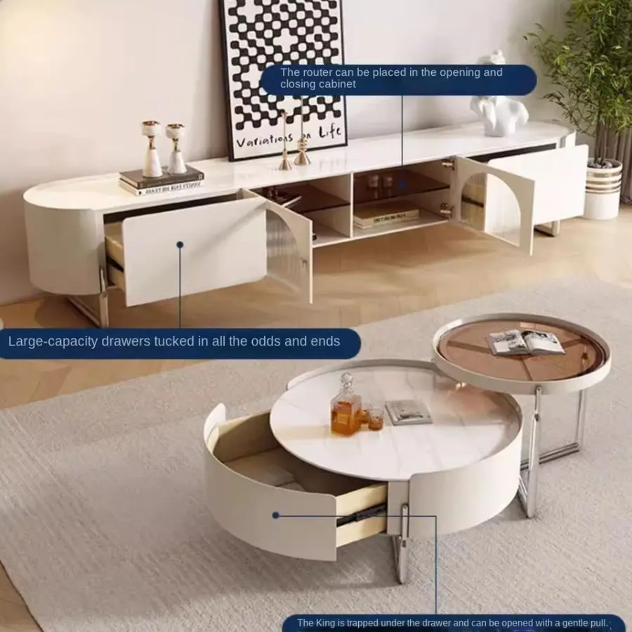 Modern Cream Minimalist TV Cabinet Light Luxury Rock Board Storage Combination for Small Living Room Apartment Made Wood-Coffee — image 5