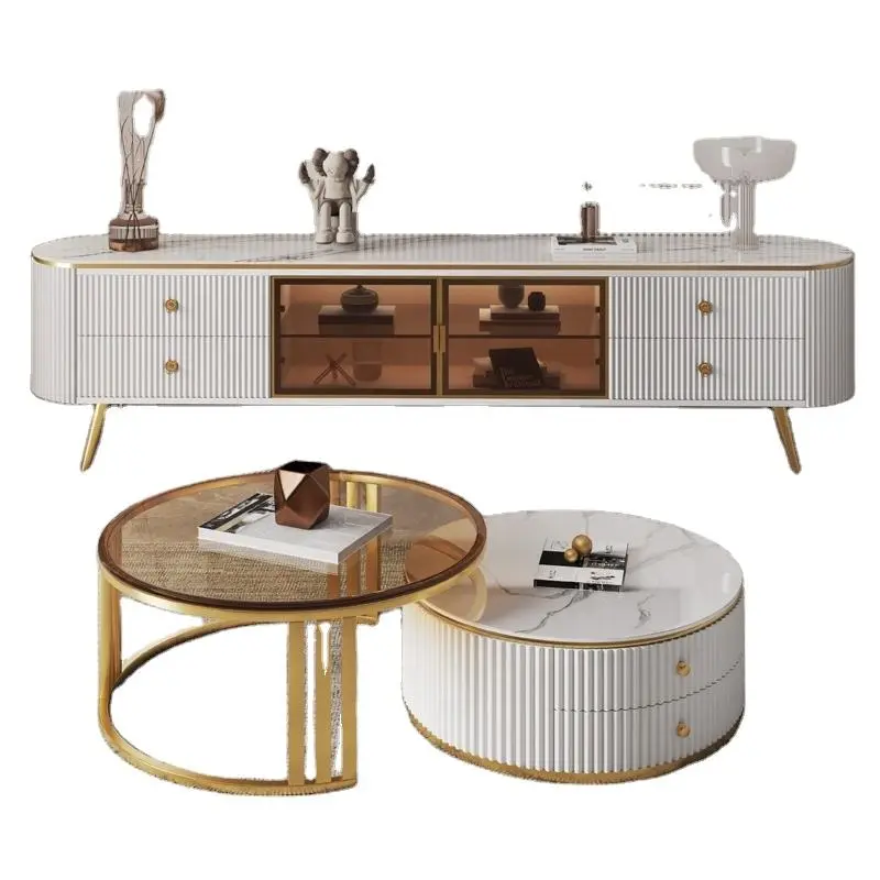2025 Hot Sale Gold Metal Combined Living Room Luxury White and Black Round Coffee Table Set with Storage — view 1