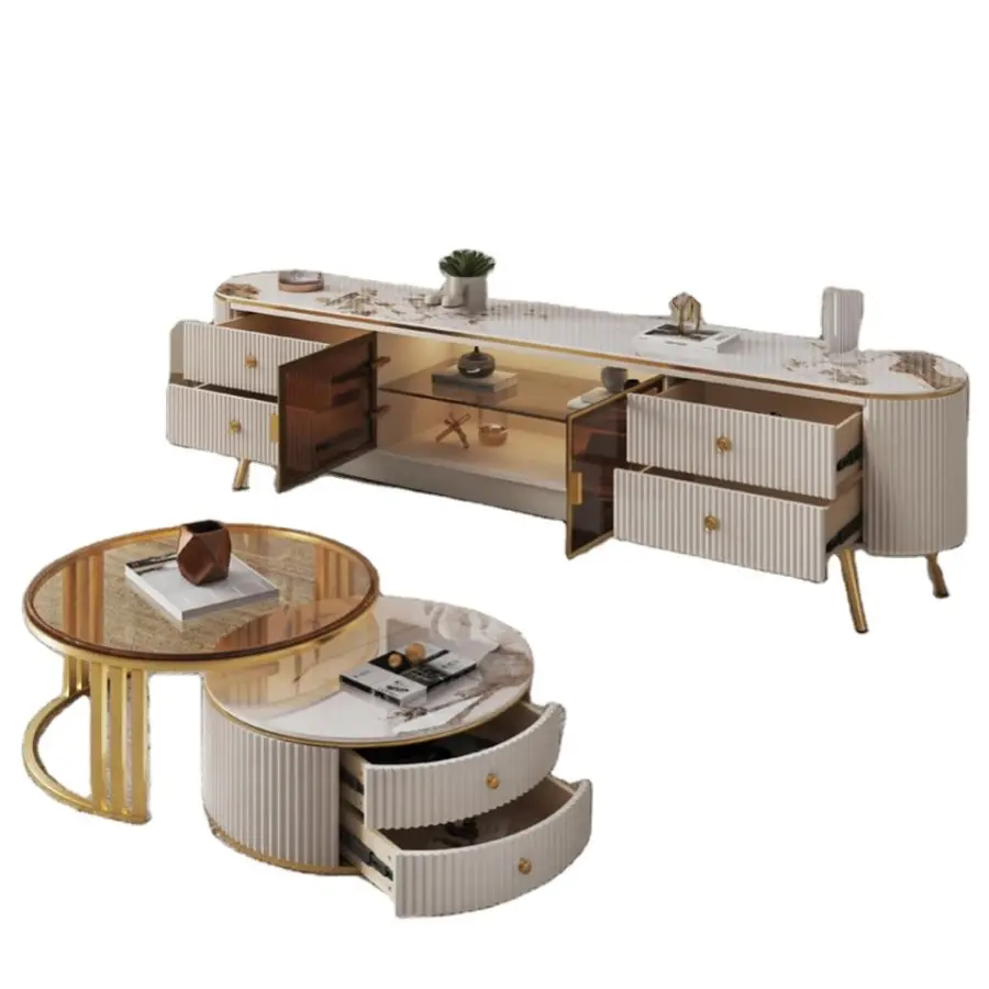 2025 Hot Sale Gold Metal Combined Living Room Luxury White and Black Round Coffee Table Set with Storage — view 2