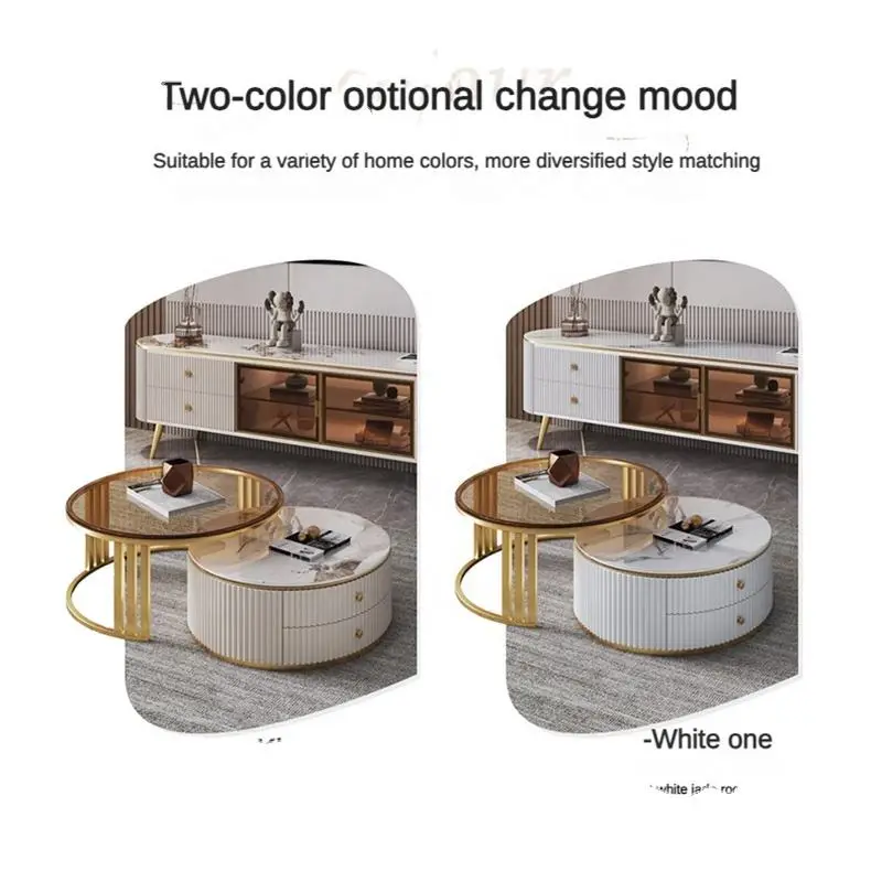 2025 Hot Sale Gold Metal Combined Living Room Luxury White and Black Round Coffee Table Set with Storage — view 4
