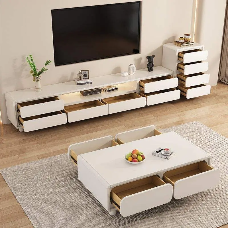Modern Simple Cream Style Double Layer TV Cabinet Coffee Table Combination for Small Apartment Living Room Household Floor — image 2