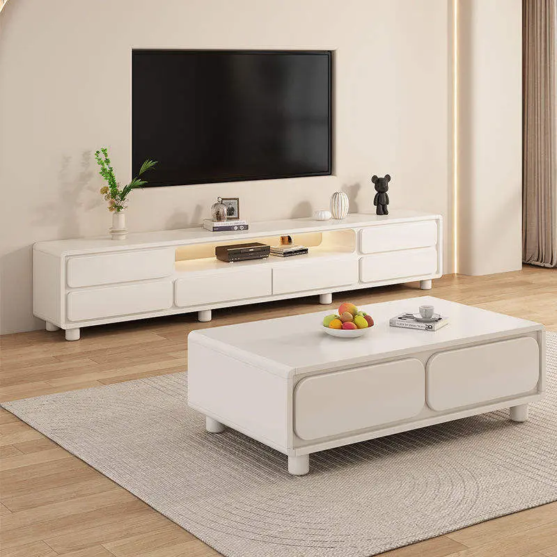 Modern Simple Cream Style Double Layer TV Cabinet Coffee Table Combination for Small Apartment Living Room Household Floor — image 4