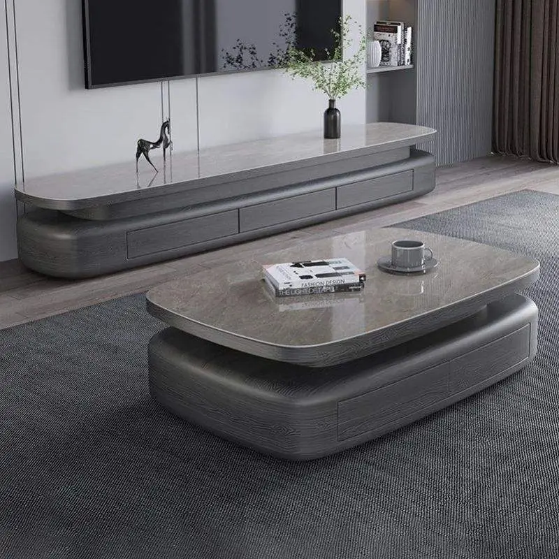 Italian Modern Simple Oval Rock Plate Coffee Table TV Stand Cabinet Combination for Large Small Apartments for Living Ro — view 1