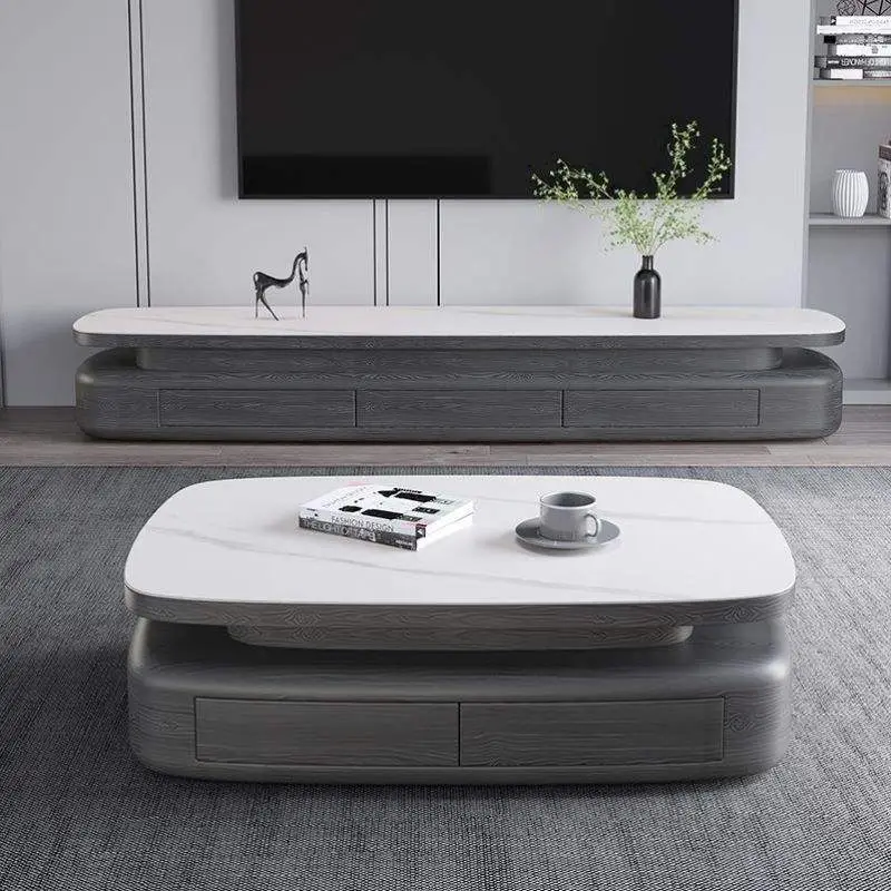 Italian Modern Simple Oval Rock Plate Coffee Table TV Stand Cabinet Combination for Large Small Apartments for Living Room — image 2