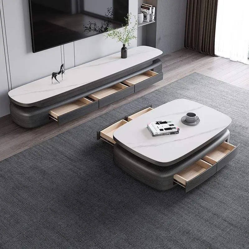 Italian Modern Simple Oval Rock Plate Coffee Table TV Stand Cabinet Combination for Large Small Apartments for Living Room — image 3