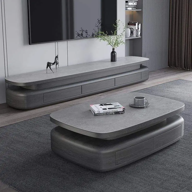 Italian Modern Simple Oval Rock Plate Coffee Table TV Stand Cabinet Combination for Large Small Apartments for Living Room — image 4