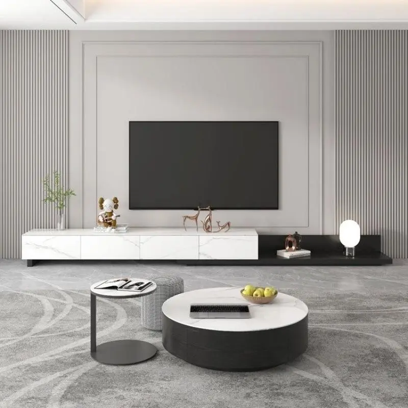 Modern Simple Home Living Room Rock Board Coffee Table with Retractable TV Cabinet Wooden Floor Storage Cabinet — image 2