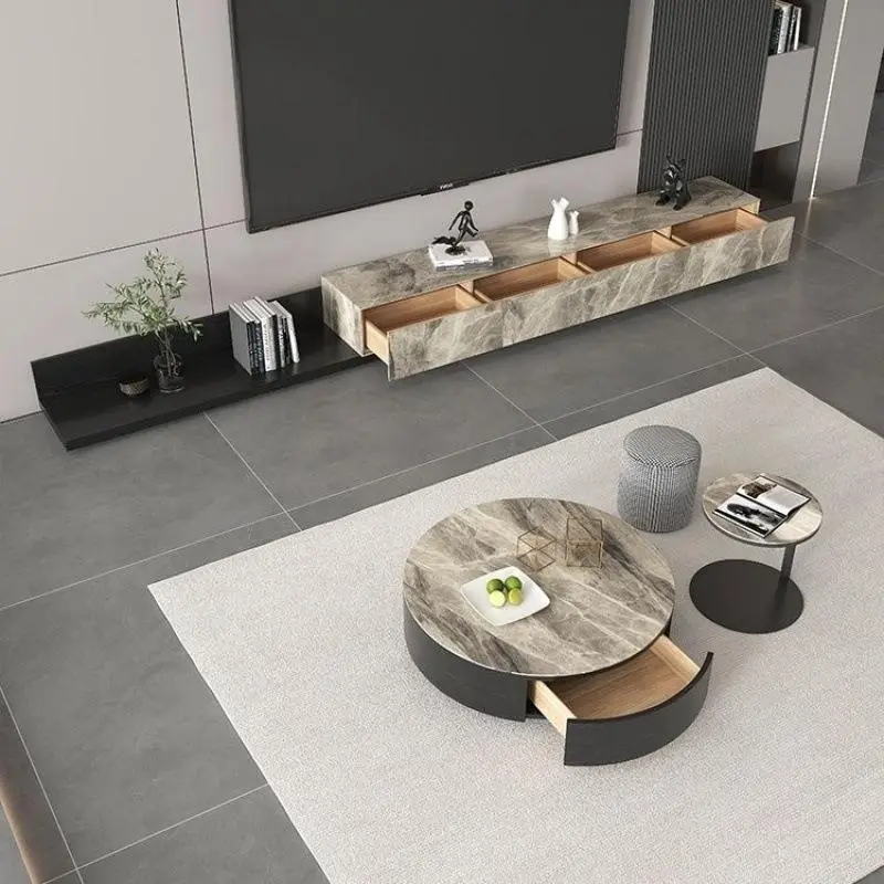 Modern Simple Home Living Room Rock Board Coffee Table with Retractable TV Cabinet Wooden Floor Storage Cabinet — image 3