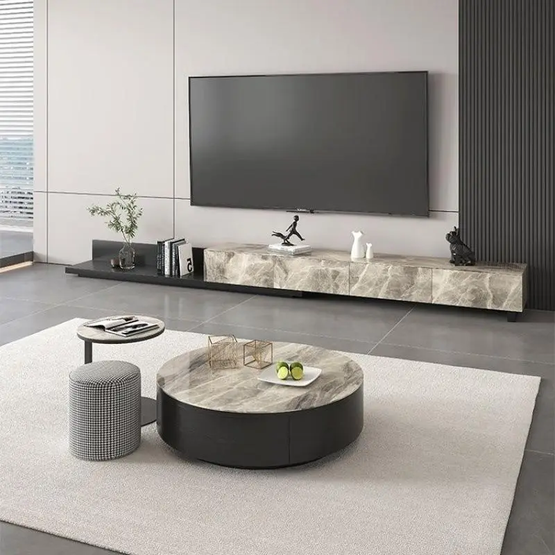 Modern Simple Home Living Room Rock Board Coffee Table with Retractable TV Cabinet Wooden Floor Storage Cabinet — image 4