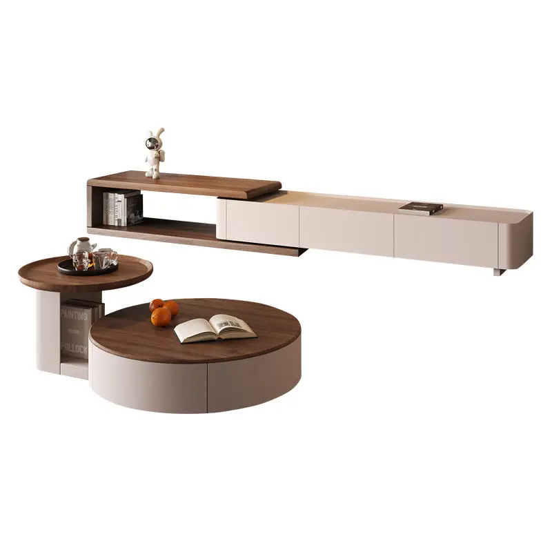 Italian Solid Wood Minimalist Coffee Table Telescopic TV Cabinet Cream Style for Small Apartment New Ancient Style for L — view 1