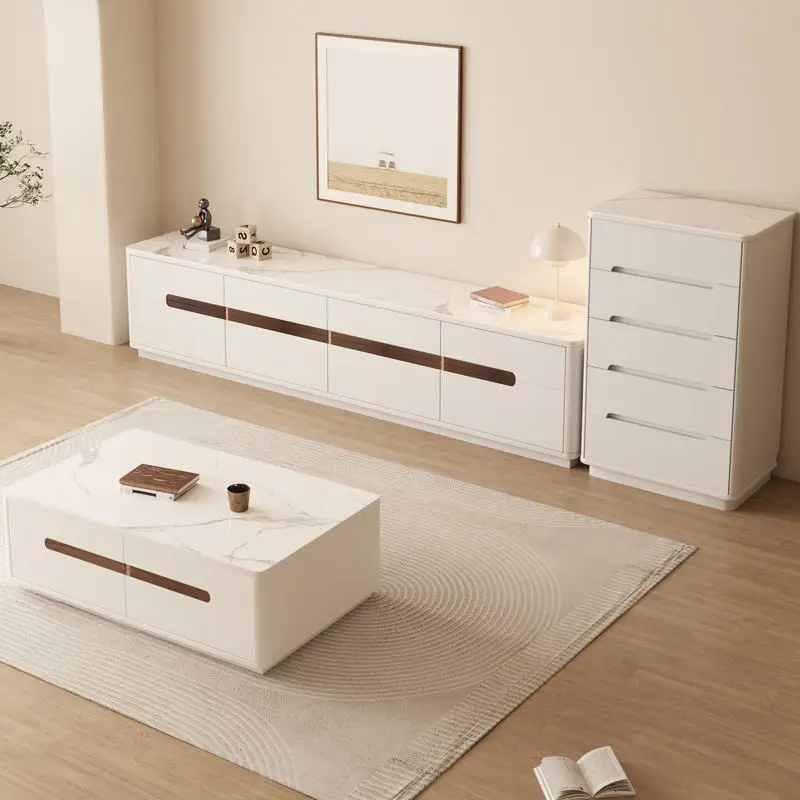 Modern Simple Cream Style New Solid Wood Rock Board Double Layer Floor Coffee Table TV Cabinet Combination for Small Apa — view 1