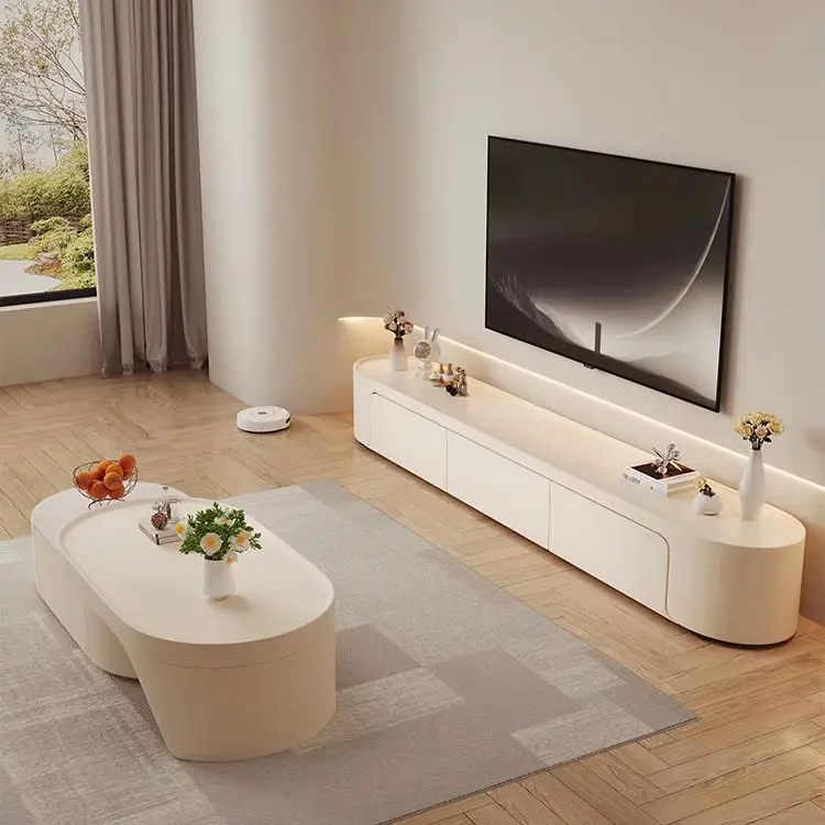 2025 New Style Cream Wooden TV Cabinet Simple Living Room Home Coffee Table Combination with Storage Integrated Floor St — view 1