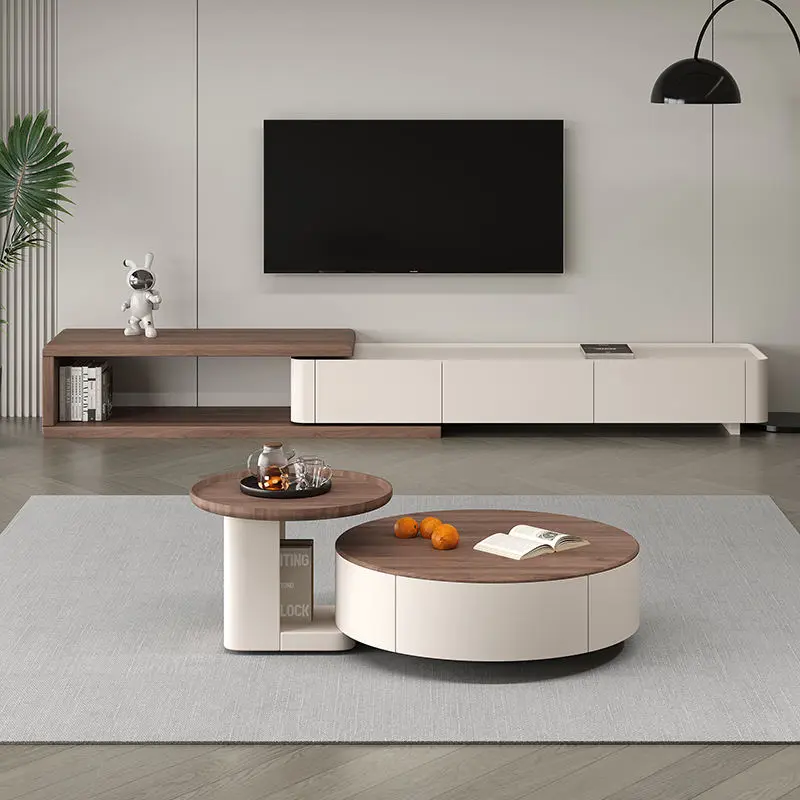 Italian Solid Wood Minimalist Coffee Table Telescopic TV Cabinet Cream Style for Small Apartment New Ancient Style for Living — image 3