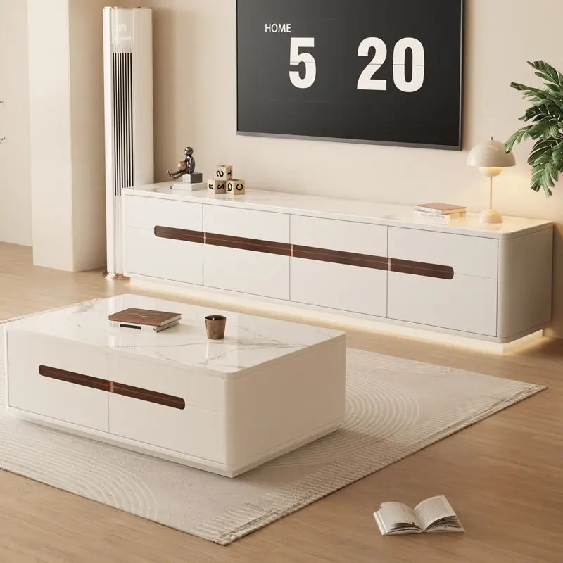 Modern Simple Cream Style New Solid Wood Rock Board Double Layer Floor Coffee Table TV Cabinet Combination for Small Apartment — image 2