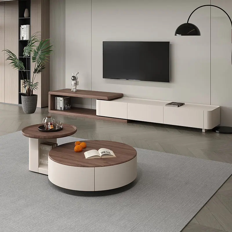 Italian Solid Wood Minimalist Coffee Table Telescopic TV Cabinet Cream Style for Small Apartment New Ancient Style for Living — image 4