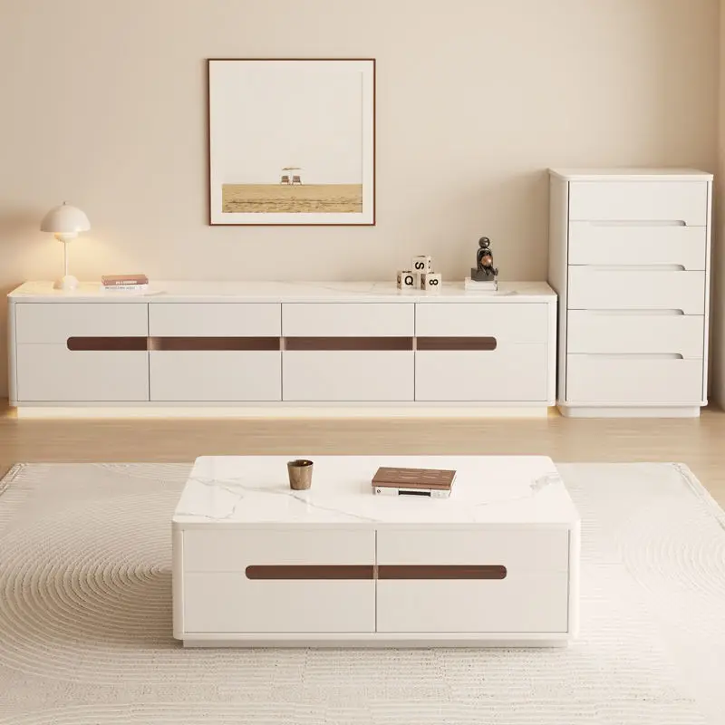 Modern Simple Cream Style New Solid Wood Rock Board Double Layer Floor Coffee Table TV Cabinet Combination for Small Apartment — image 3