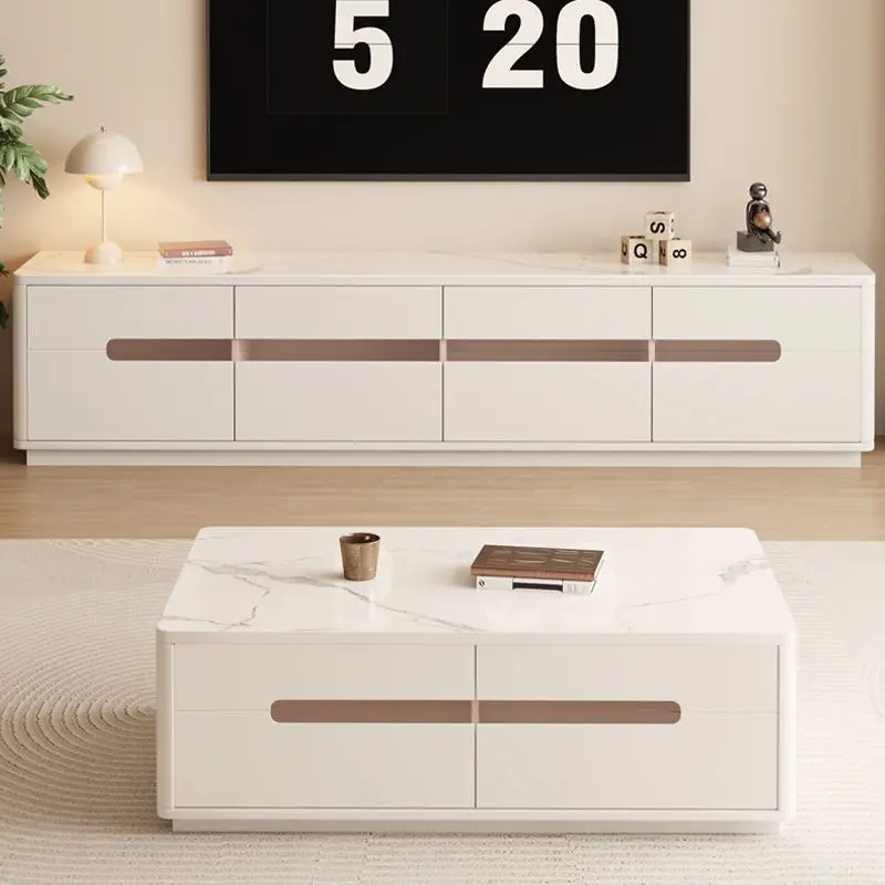 Modern Simple Cream Style New Solid Wood Rock Board Double Layer Floor Coffee Table TV Cabinet Combination for Small Apartment — image 4
