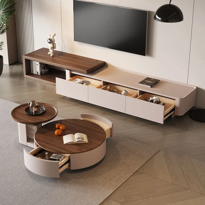Italian Solid Wood Minimalist Coffee Table Telescopic TV Cabinet Cream Style for Small Apartment New Ancient Style for Living — image 5