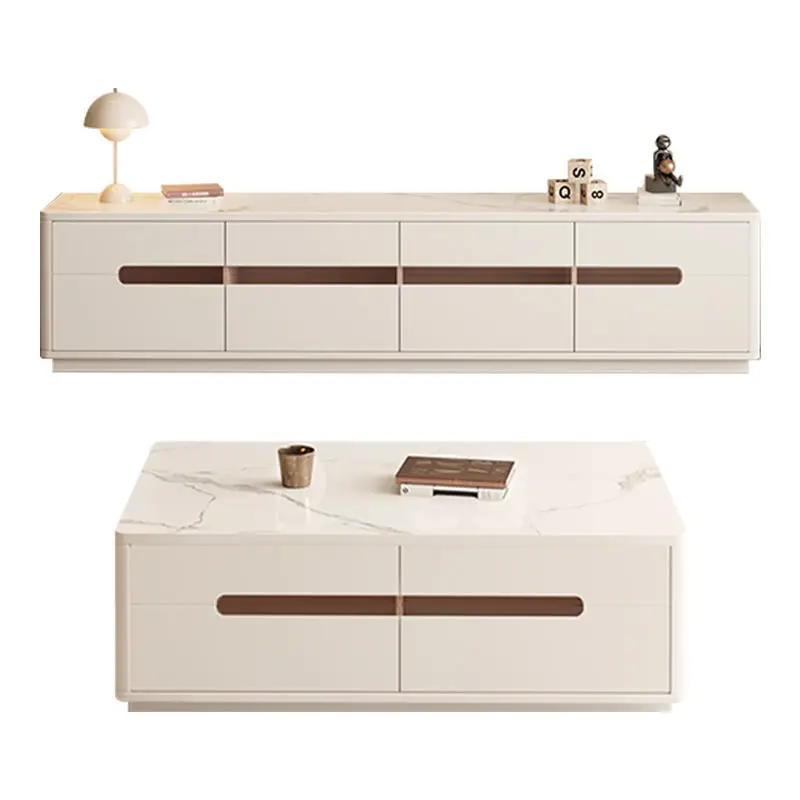Modern Simple Cream Style New Solid Wood Rock Board Double Layer Floor Coffee Table TV Cabinet Combination for Small Apartment — image 5