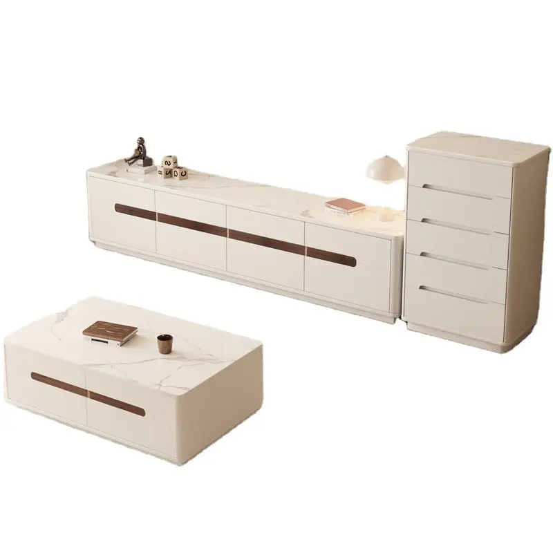Modern Simple Cream Style New Solid Wood Rock Board Double Layer Floor Coffee Table TV Cabinet Combination for Small Apartment — image 6