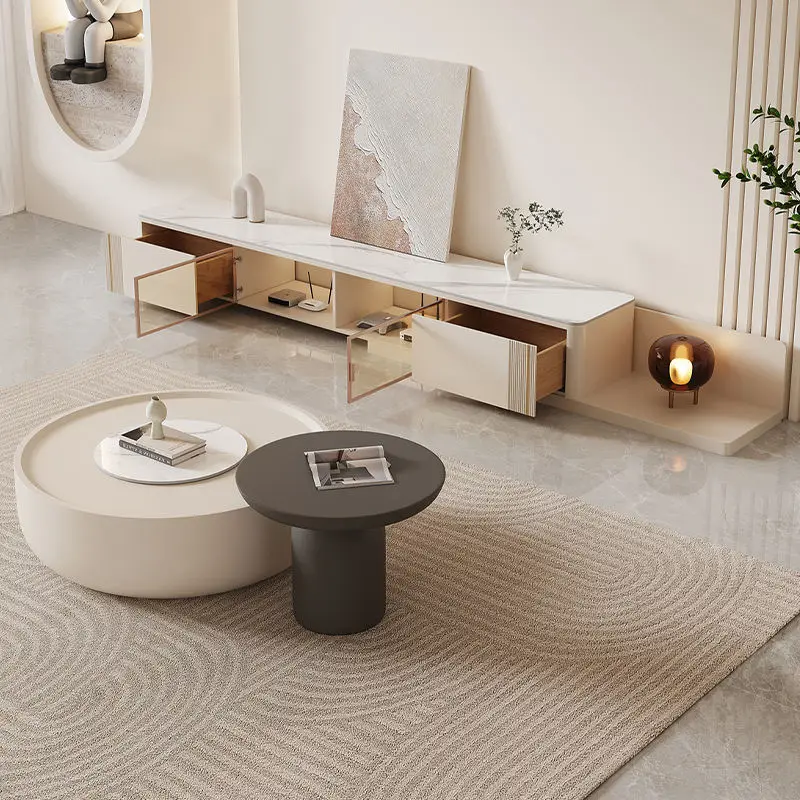 Modern Simple Cream Style TV Cabinet Coffee Table Combination Telescopic Wooden Design for Silent Living Room Internet-Showed — image 2