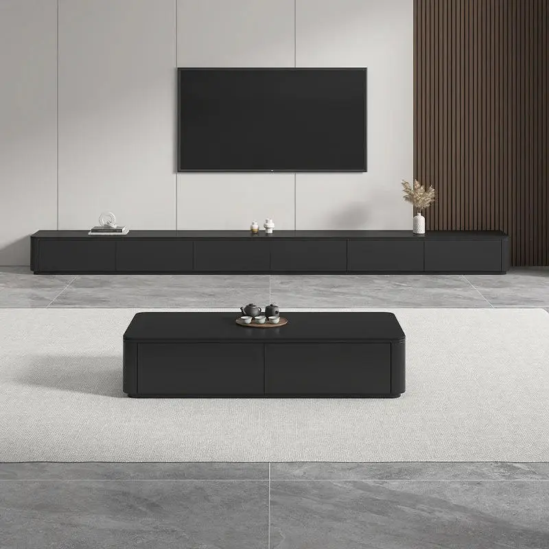 Modern Contemporary Rock Board Black Solid Wood TV Cabinet Coffee Table Combination for Small Home Apartment Simple Livi — view 1