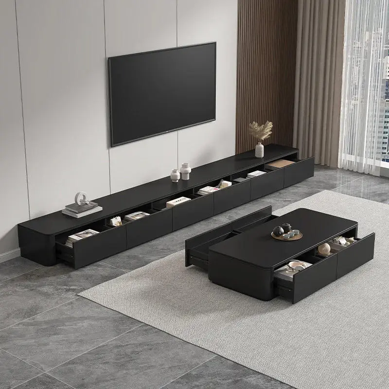 Modern Contemporary Rock Board Black Solid Wood TV Cabinet Coffee Table Combination for Small Home Apartment Simple Living Room — image 2