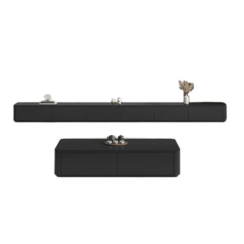 Modern Contemporary Rock Board Black Solid Wood TV Cabinet Coffee Table Combination for Small Home Apartment Simple Living Room — image 3