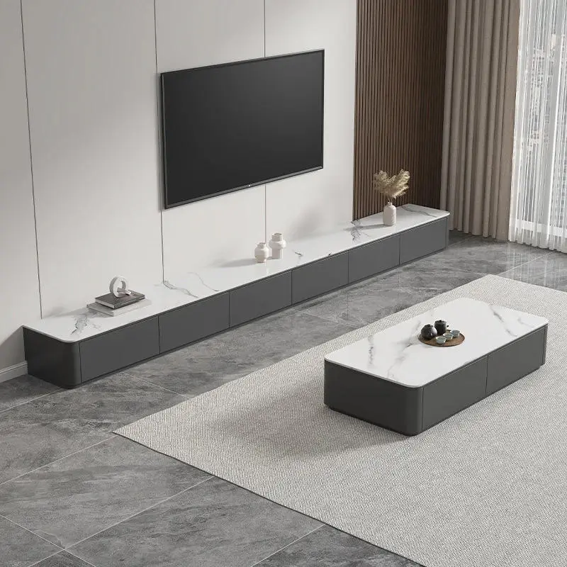 Modern Contemporary Rock Board Black Solid Wood TV Cabinet Coffee Table Combination for Small Home Apartment Simple Living Room — image 4