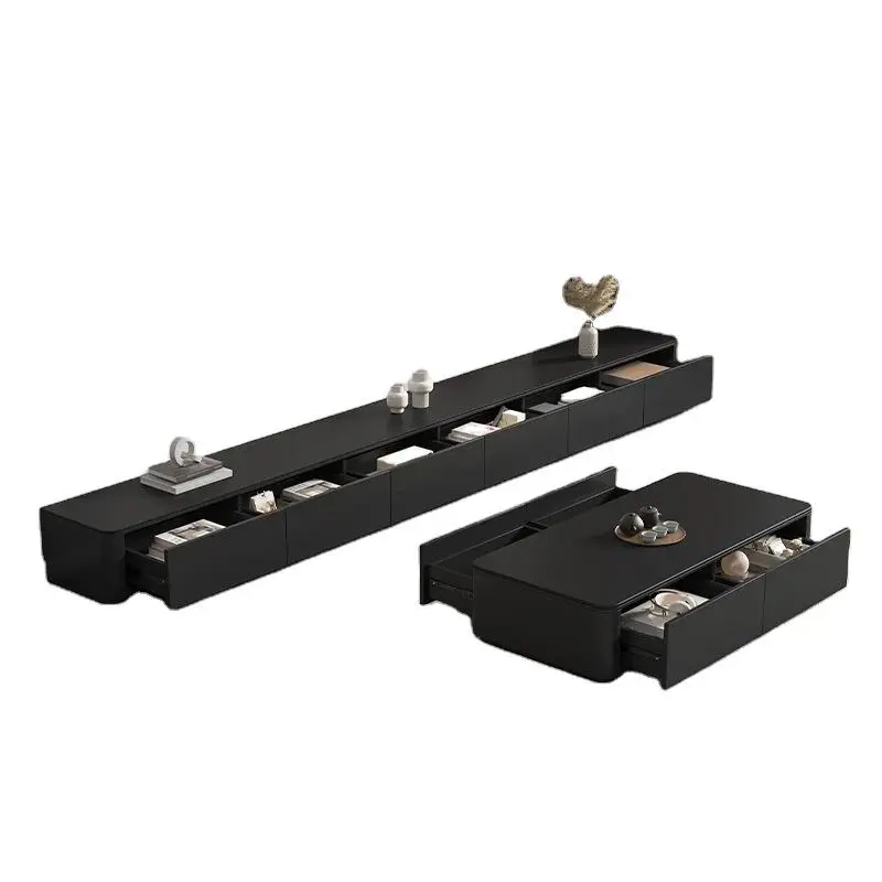 Modern Contemporary Rock Board Black Solid Wood TV Cabinet Coffee Table Combination for Small Home Apartment Simple Living Room — image 6