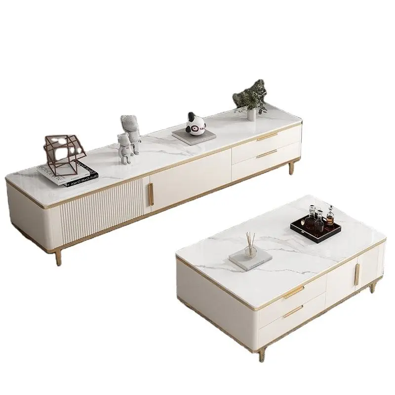 Italian Style Modern Simple Rock Board TV Stand Light Luxury Coffee Table Panel Wood TV Cabinet for Small Apartment Living Room — image 2