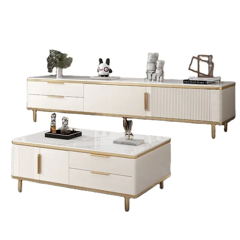 Italian Style Modern Simple Rock Board TV Stand Light Luxury Coffee Table Panel Wood TV Cabinet for Small Apartment Living Room — image 5