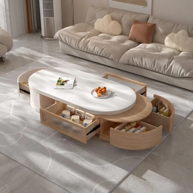 Nordic Log Cream Style Retractable Rock Board TV Stand Compact Coffee Table Combination for Small Apartment Living Room Floor — image 2