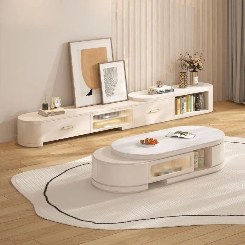 Nordic Log Cream Style Retractable Rock Board TV Stand Compact Coffee Table Combination for Small Apartment Living Room Floor — image 3