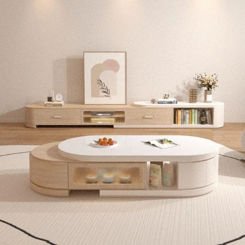Nordic Log Cream Style Retractable Rock Board TV Stand Compact Coffee Table Combination for Small Apartment Living Room Floor — image 4