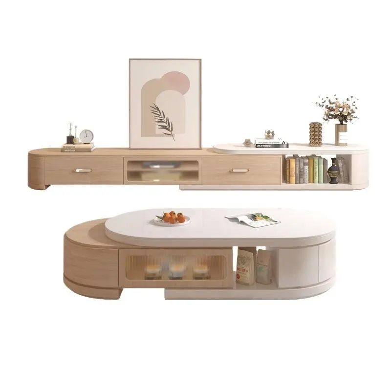 Nordic Log Cream Style Retractable Rock Board TV Stand Compact Coffee Table Combination for Small Apartment Living Room Floor — image 5