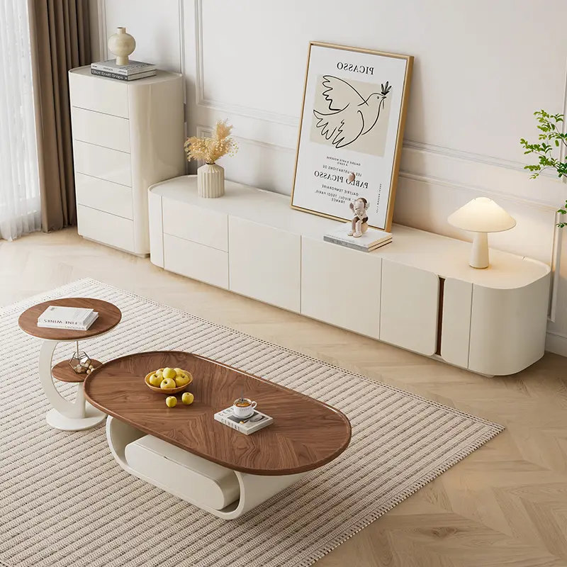 Luxury High White Wood Panel Frame Eco-Friendly Modern Coffee Table Set with TV Cabinet and Storage — view 1