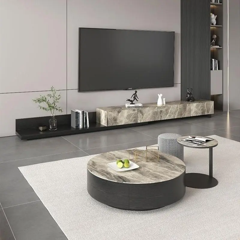 Modern French Creamy Eco-Friendly Durable Living Room Retractable TV Cabinet Coffee Table Wooden Panel Combination Household Use — image 3
