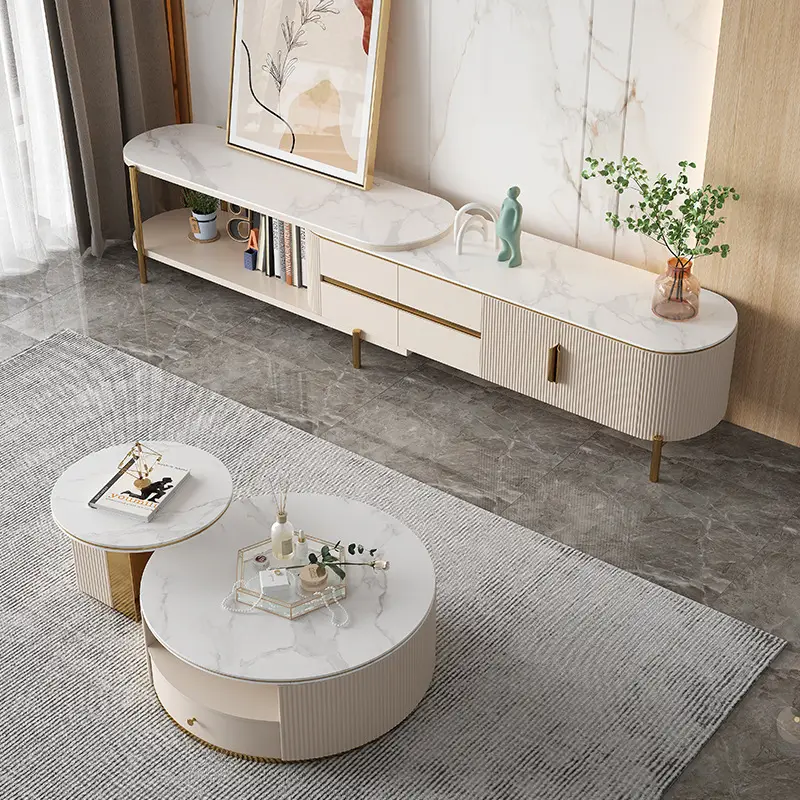 Living Room Furniture Light Luxury Rectangle Coffee Table Slab TV Cabinet Wood TV Stand Combination Set for Small Apartm — view 1