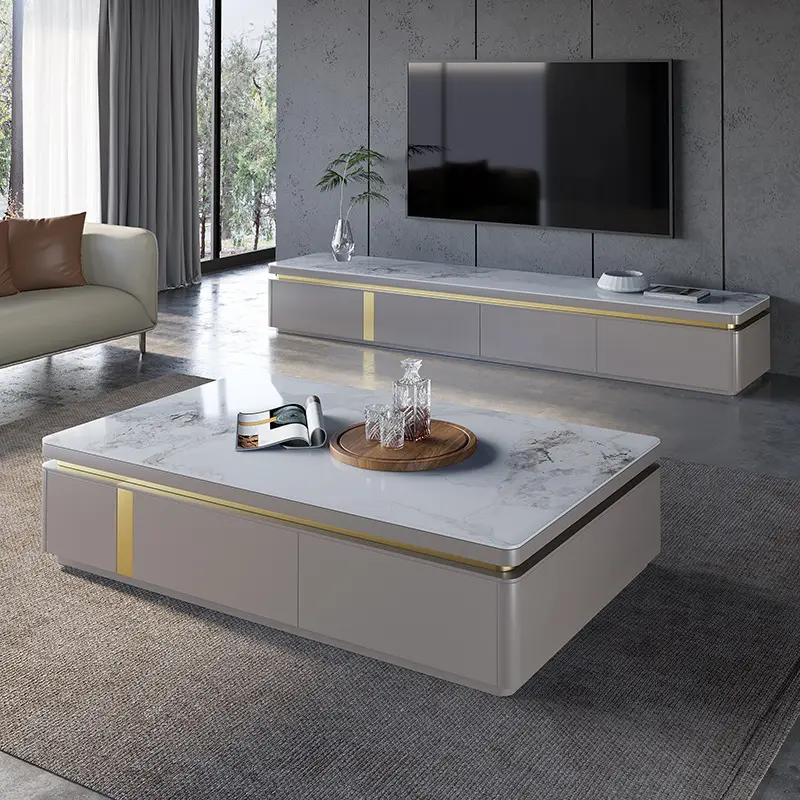 Living Room Furniture Luxury Coffee Table Set TV Cabinet Rock Slab Coffee Table Wooden TV Stand 2 Meter Storage Center Table — image 2