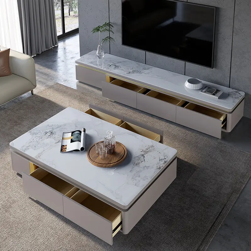 Living Room Furniture Luxury Coffee Table Set TV Cabinet Rock Slab Coffee Table Wooden TV Stand 2 Meter Storage Center Table — image 4