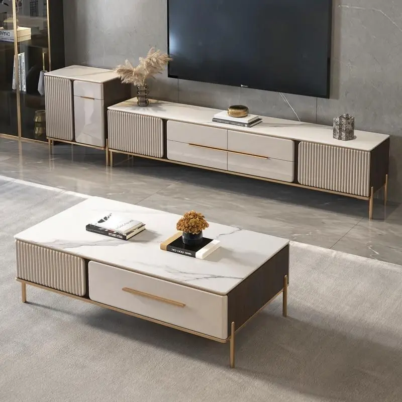 Modern Design Luxury Living Room Furniture Set 2 Meter Storage Wooden TV Stand Rock Slab Center Table Coffee Table — image 2
