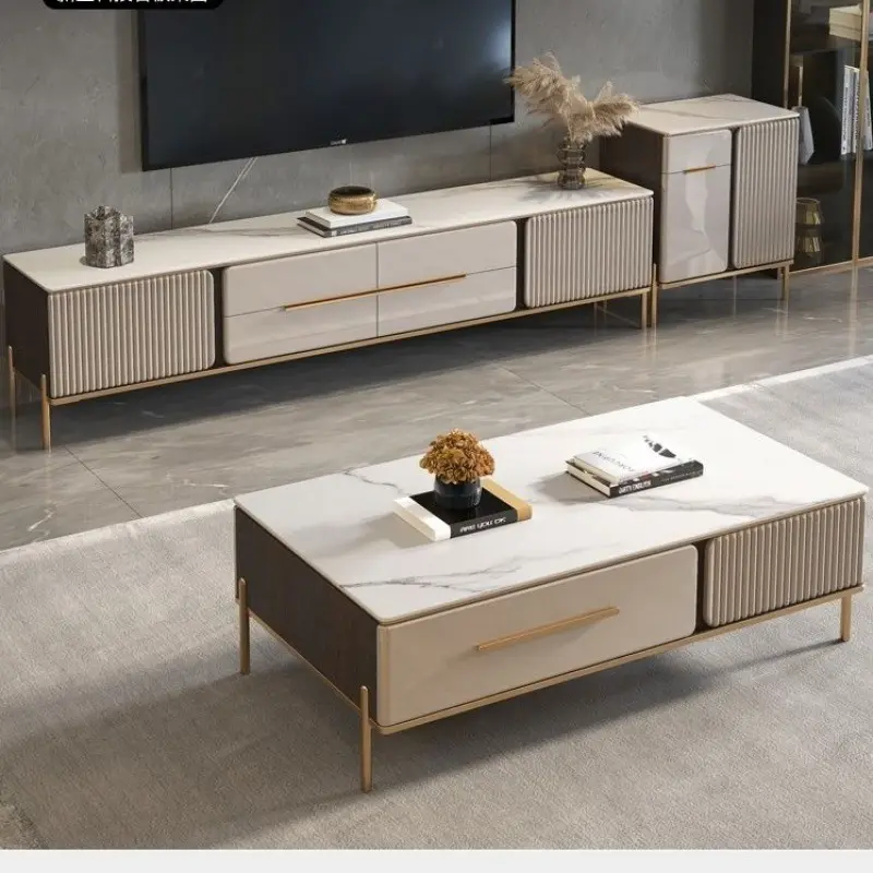 Modern Design Luxury Living Room Furniture Set 2 Meter Storage Wooden TV Stand Rock Slab Center Table Coffee Table — image 4
