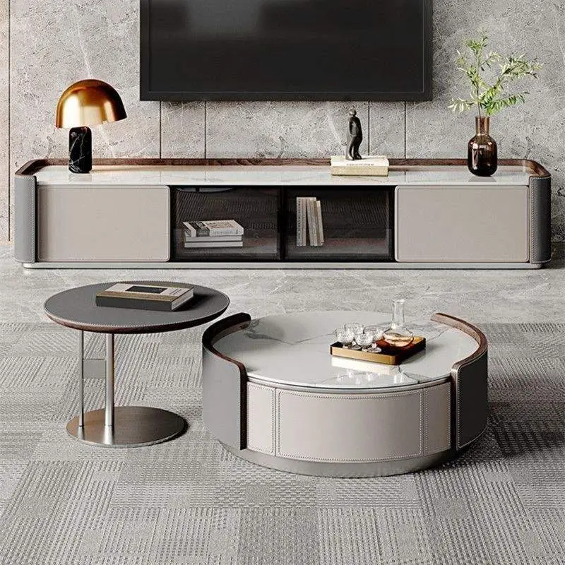 Living Room Furniture Luxury Small Apartment Foldable Modern Coffee Table Light Saddle Leather Solid Wood Stainless Stee — view 1