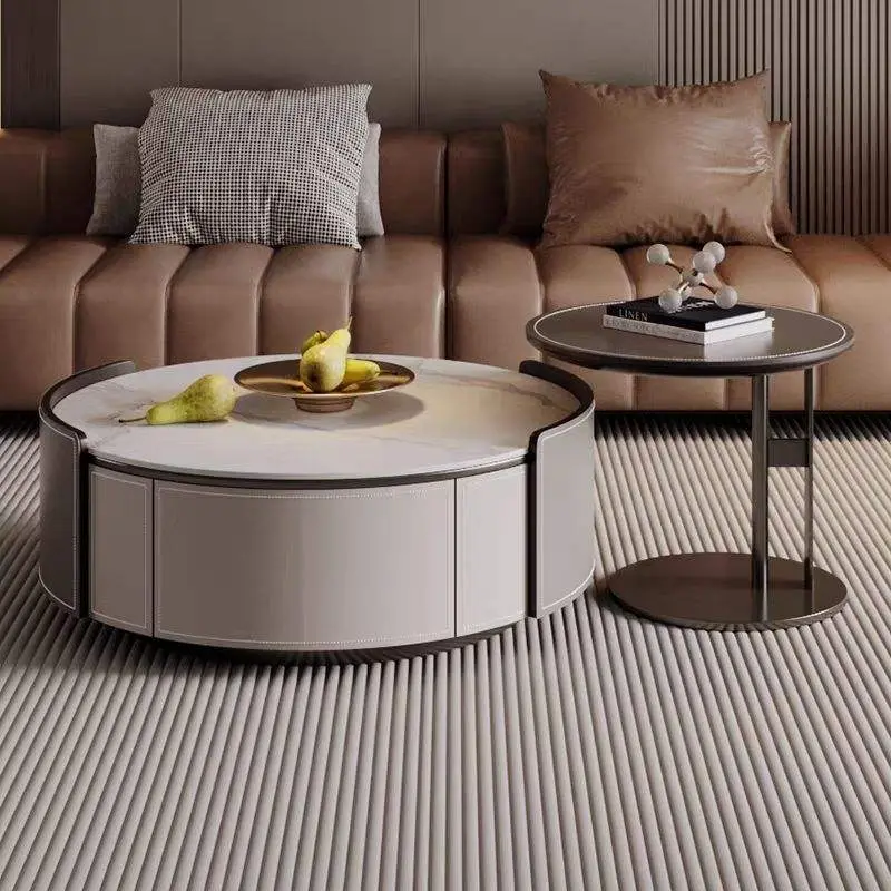 Living Room Furniture Luxury Small Apartment Foldable Modern Coffee Table Light Saddle Leather Solid Wood Stainless Steel — image 2