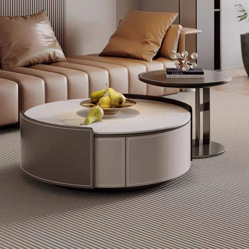 Living Room Furniture Luxury Small Apartment Foldable Modern Coffee Table Light Saddle Leather Solid Wood Stainless Steel — image 3
