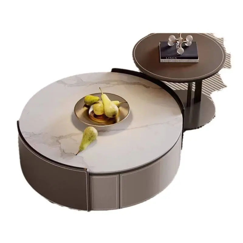 Living Room Furniture Luxury Small Apartment Foldable Modern Coffee Table Light Saddle Leather Solid Wood Stainless Steel — image 5