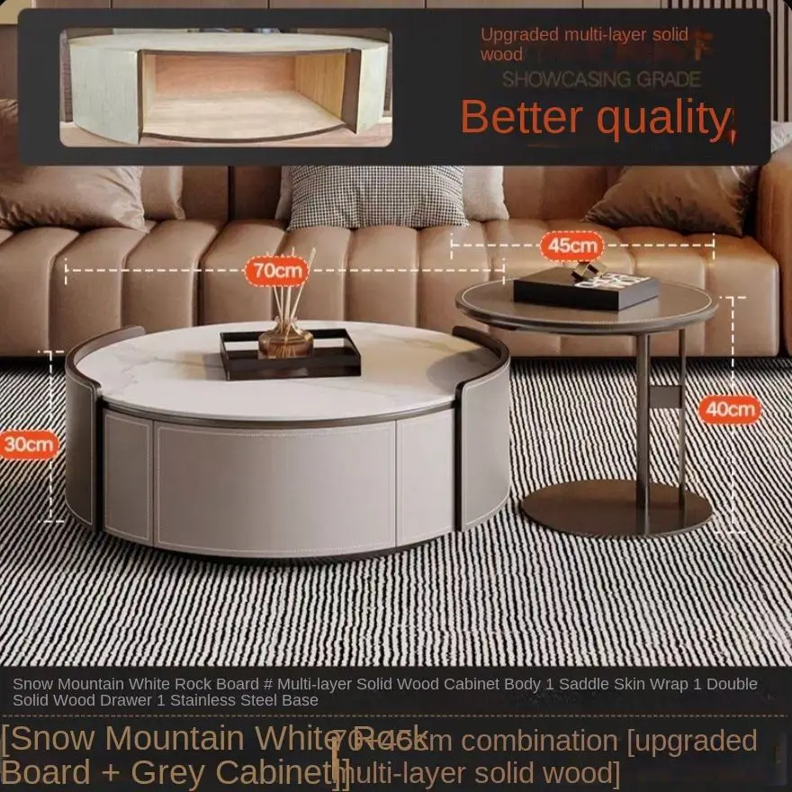 Living Room Furniture Luxury Small Apartment Foldable Modern Coffee Table Light Saddle Leather Solid Wood Stainless Steel — image 6